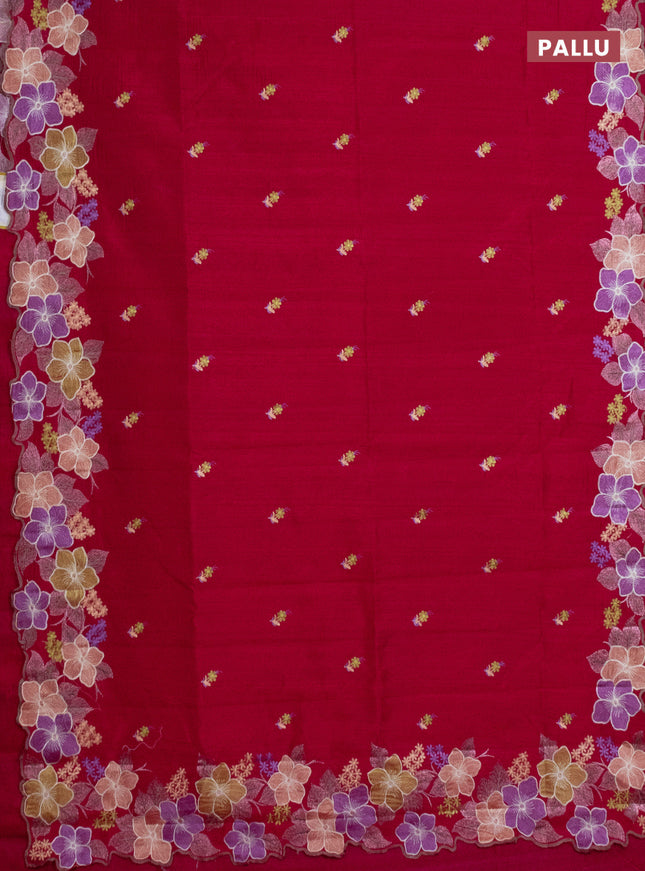 Semi raw silk saree dark pink with embroidery work buttas and floral embroidery border