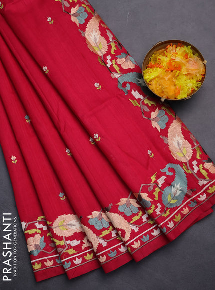 Semi raw silk saree dark pink with embroidery work buttas and embroidery border