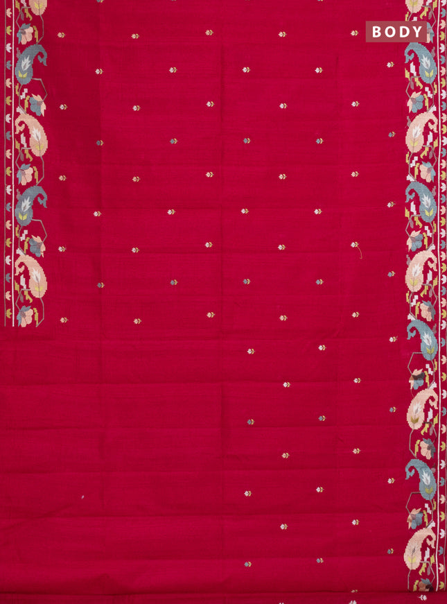 Semi raw silk saree dark pink with embroidery work buttas and embroidery border