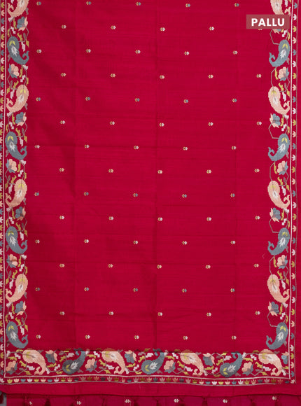 Semi raw silk saree dark pink with embroidery work buttas and embroidery border
