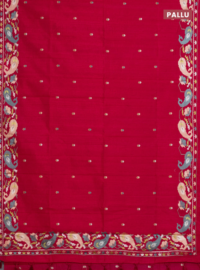 Semi raw silk saree dark pink with embroidery work buttas and embroidery border