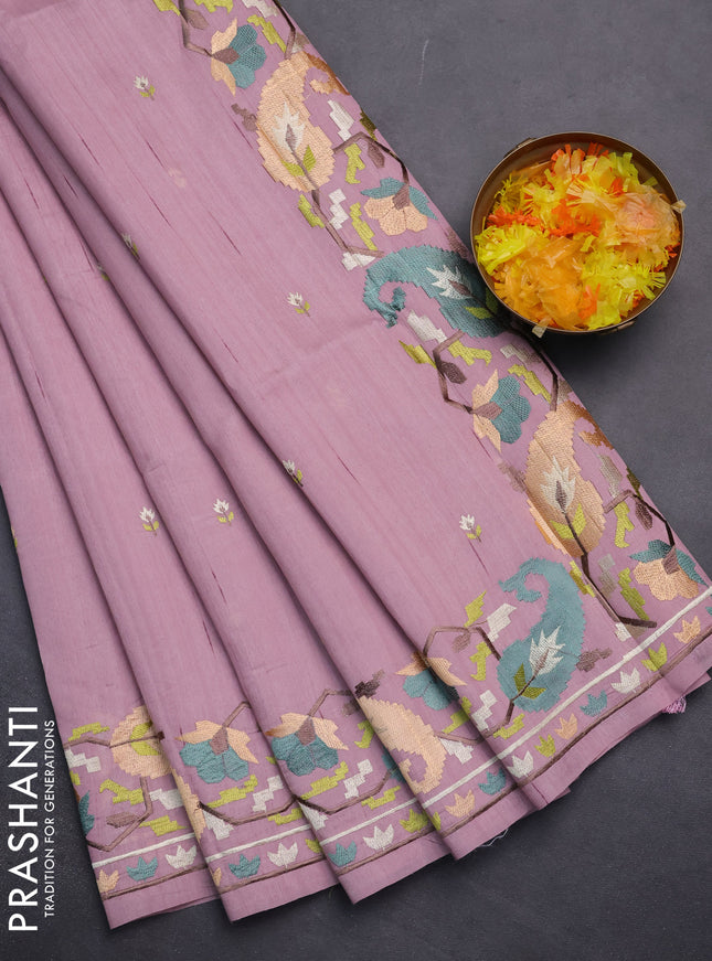 Semi raw silk saree pastel pink with embroidery work buttas and embroidery border
