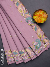 Semi raw silk saree pastel pink with embroidery work buttas and embroidery border