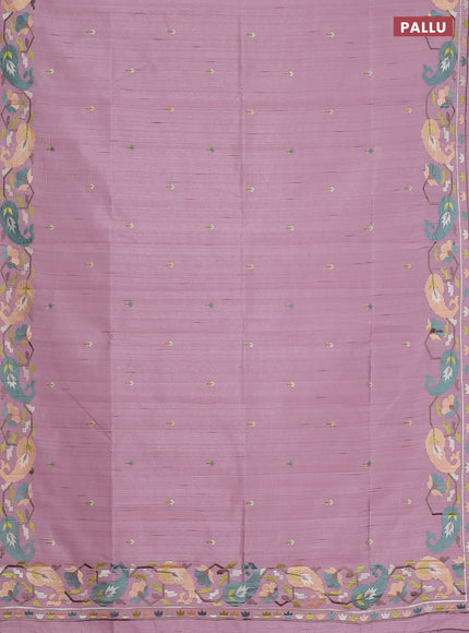 Semi raw silk saree pastel pink with embroidery work buttas and embroidery border
