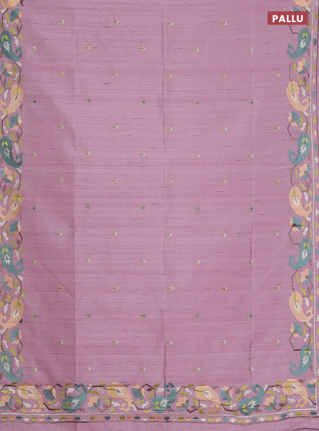 Semi raw silk saree pastel pink with embroidery work buttas and embroidery border