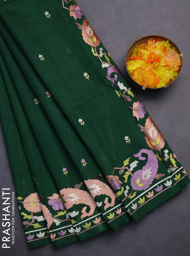 Semi raw silk saree dark green with embroidery work buttas and embroidery border