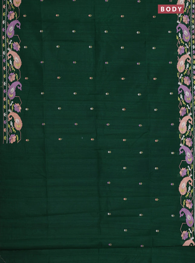 Semi raw silk saree dark green with embroidery work buttas and embroidery border