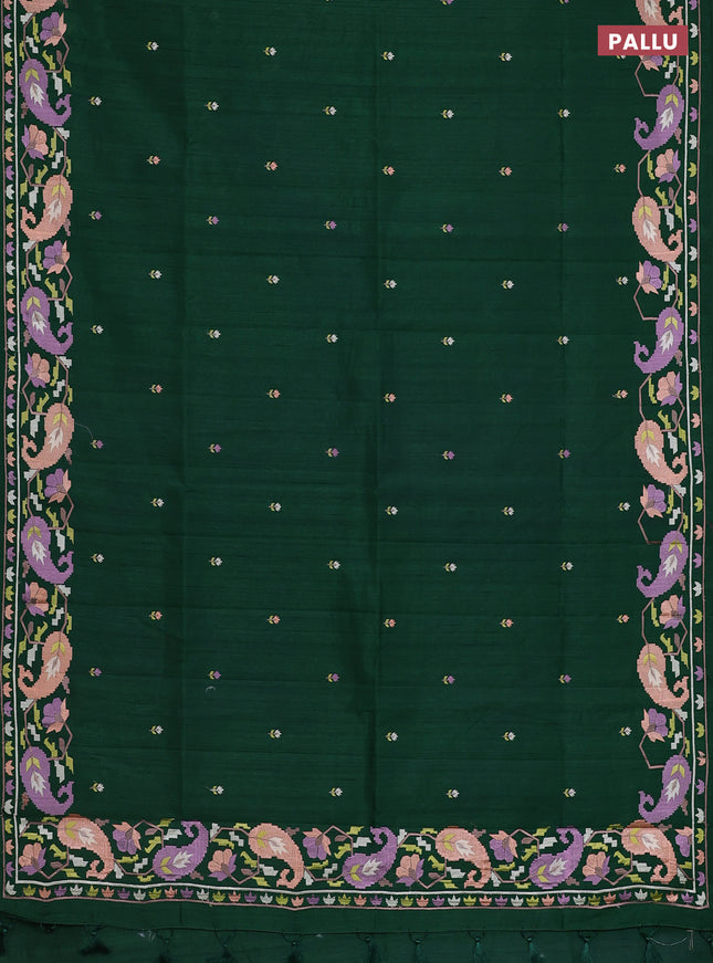 Semi raw silk saree dark green with embroidery work buttas and embroidery border