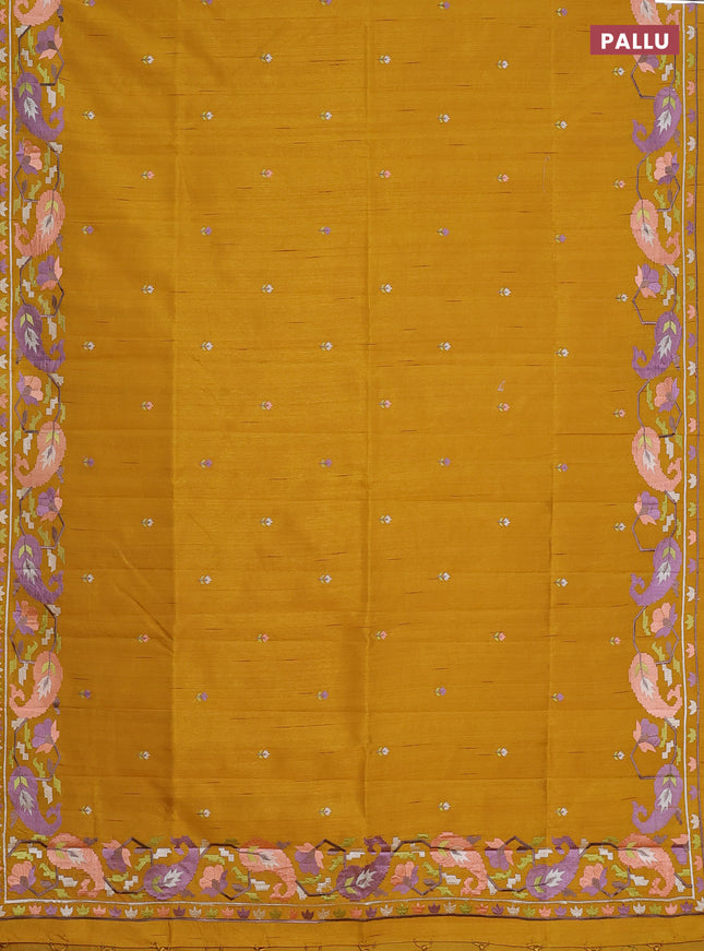 Semi raw silk saree mustard yellow with embroidery work buttas and embroidery border
