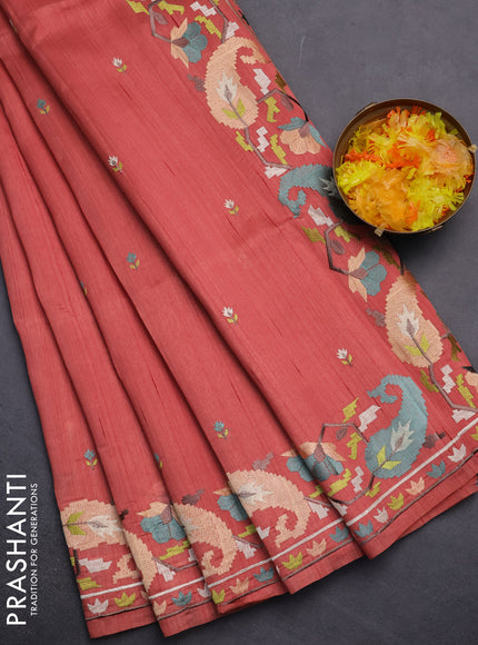 Semi raw silk saree dark peach with embroidery work buttas and embroidery border
