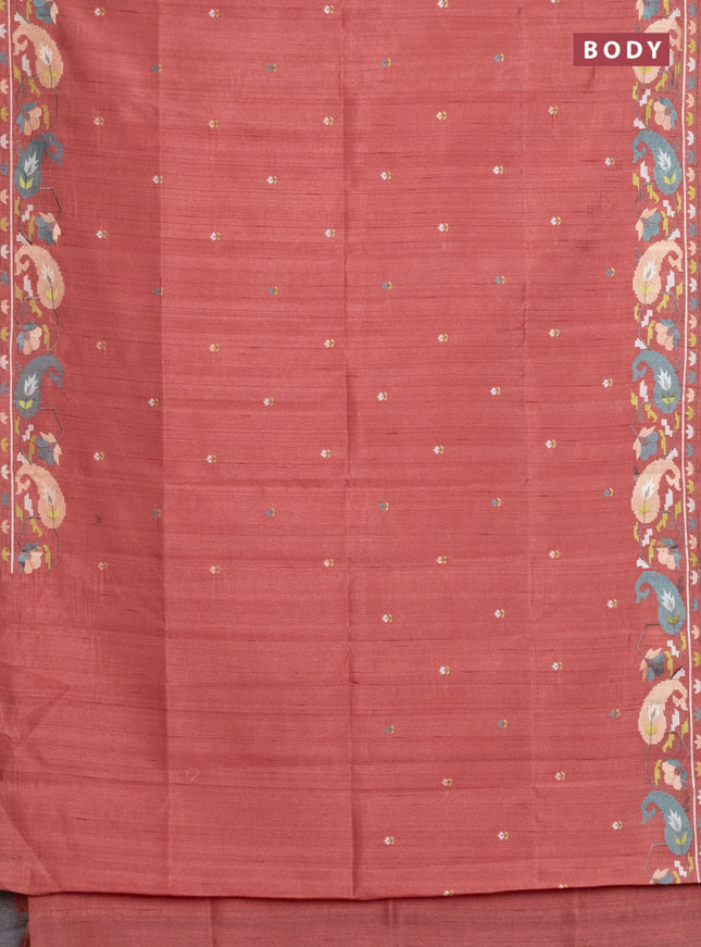 Semi raw silk saree dark peach with embroidery work buttas and embroidery border