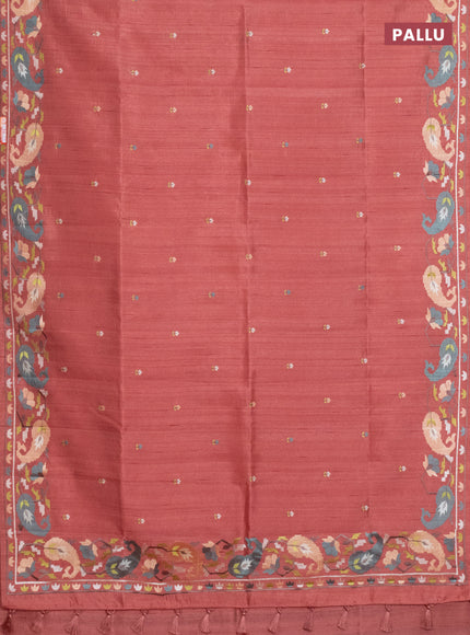Semi raw silk saree dark peach with embroidery work buttas and embroidery border