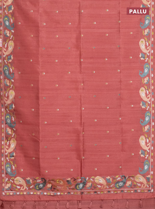 Semi raw silk saree dark peach with embroidery work buttas and embroidery border