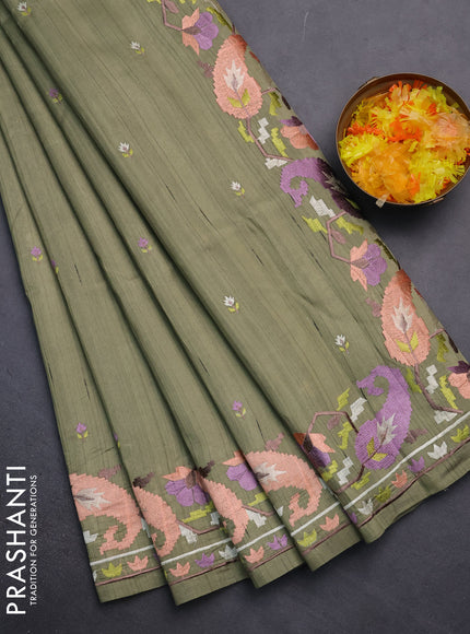 Semi raw silk saree sap green shade with embroidery work buttas and embroidery border