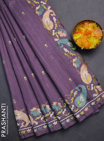 Semi raw silk saree pastel purple shade with embroidery work buttas and embroidery border