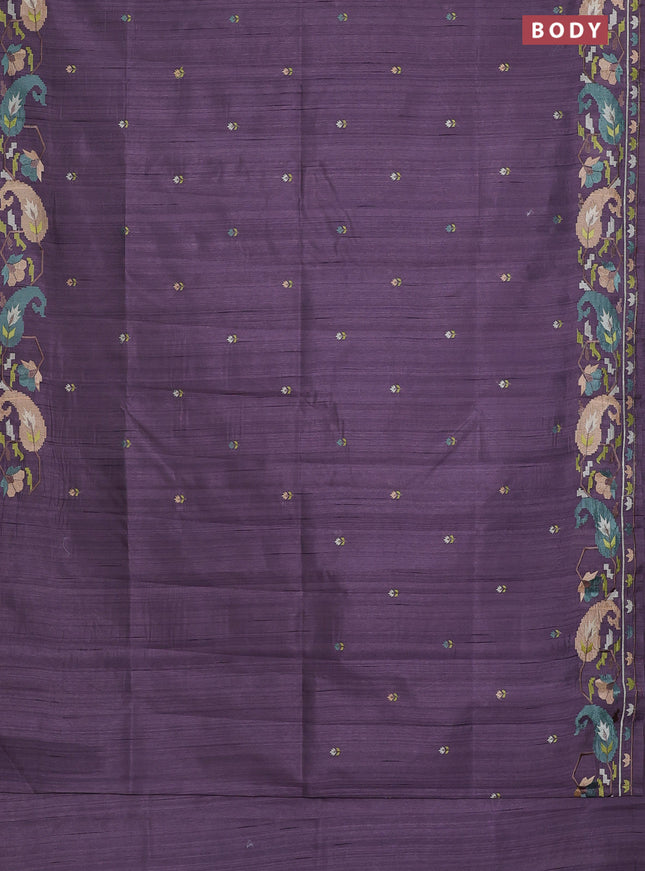 Semi raw silk saree pastel purple shade with embroidery work buttas and embroidery border