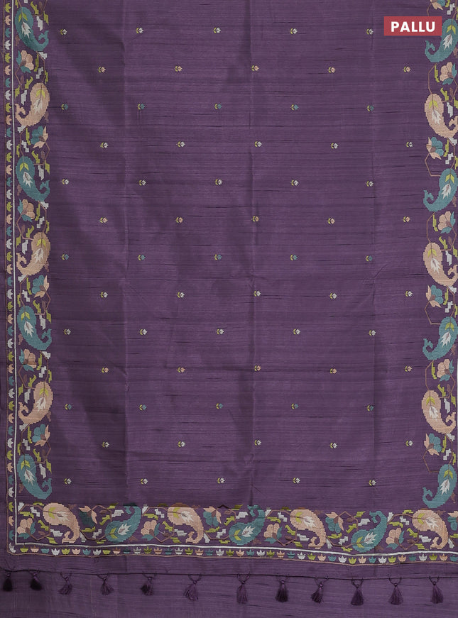 Semi raw silk saree pastel purple shade with embroidery work buttas and embroidery border