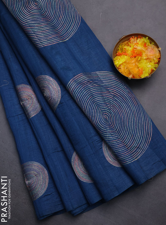 Semi raw silk saree peacock blue with embroidery work buttas and geometric embroidery butta border