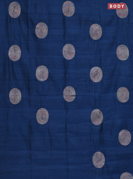 Semi raw silk saree peacock blue with embroidery work buttas and geometric embroidery butta border