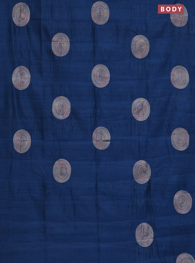 Semi raw silk saree peacock blue with embroidery work buttas and geometric embroidery butta border