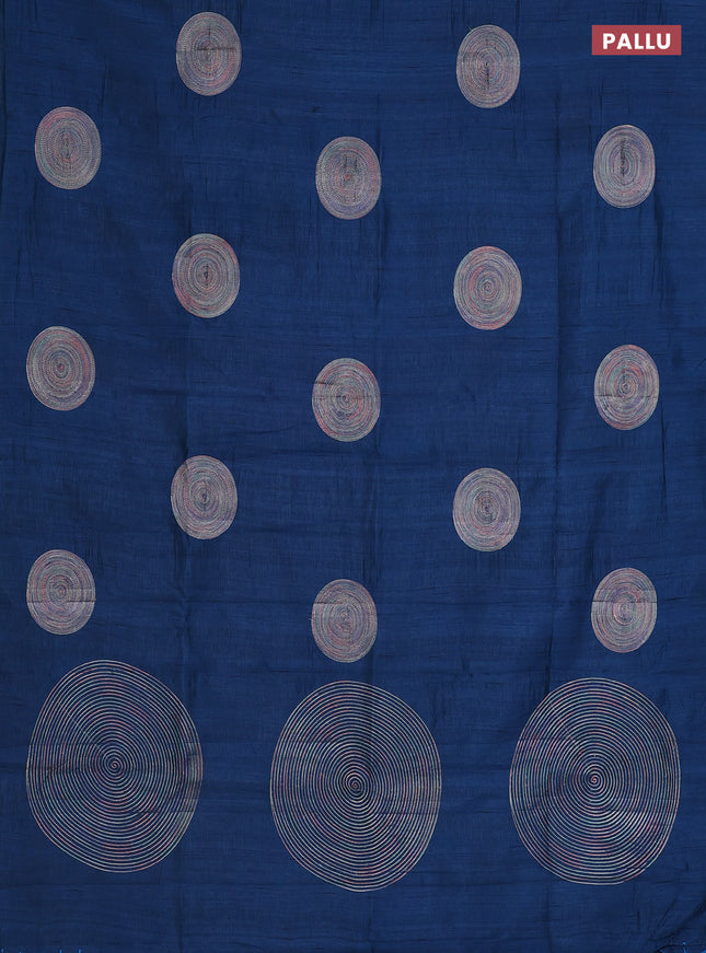 Semi raw silk saree peacock blue with embroidery work buttas and geometric embroidery butta border