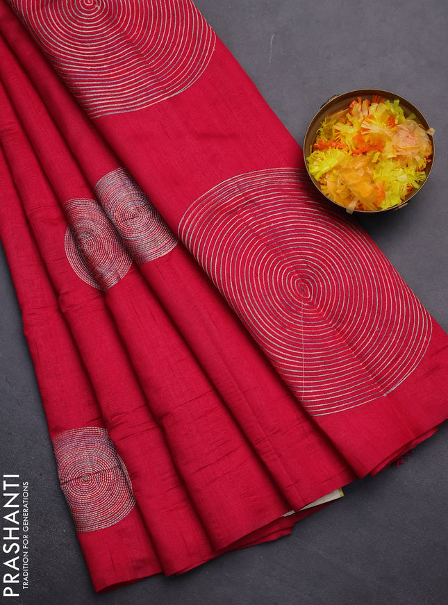 Semi raw silk saree dark pink with embroidery work buttas and geometric embroidery butta border