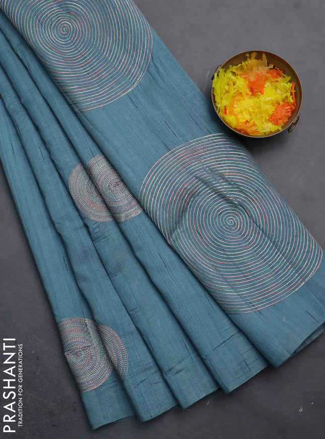 Semi raw silk saree pastel blue with embroidery work buttas and geometric embroidery butta border