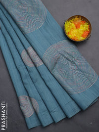 Semi raw silk saree pastel blue with embroidery work buttas and geometric embroidery butta border