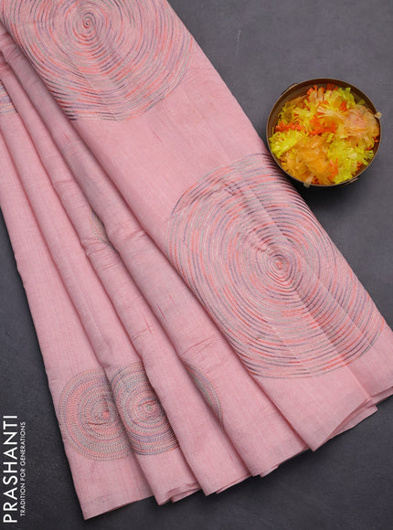 Semi raw silk saree peach shade with embroidery work buttas and geometric embroidery butta border