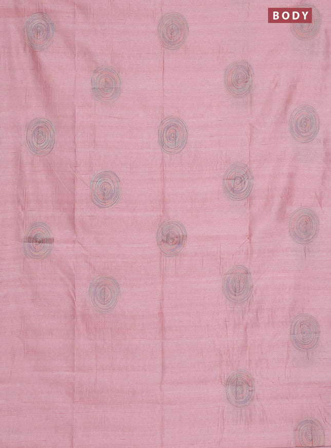 Semi raw silk saree peach shade with embroidery work buttas and geometric embroidery butta border