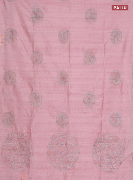 Semi raw silk saree peach shade with embroidery work buttas and geometric embroidery butta border