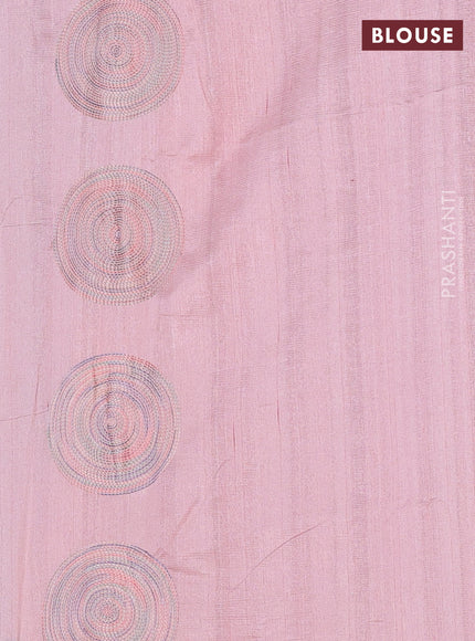 Semi raw silk saree peach shade with embroidery work buttas and geometric embroidery butta border