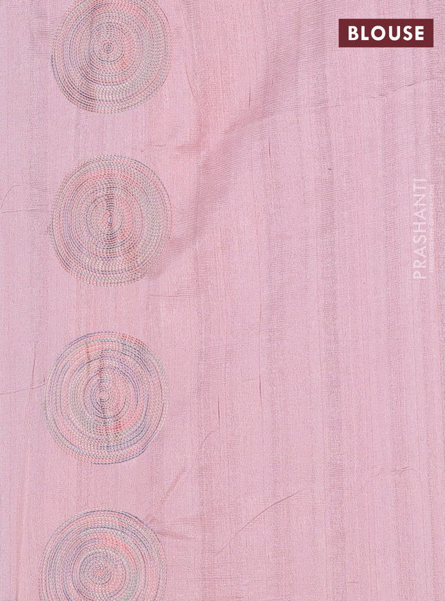 Semi raw silk saree peach shade with embroidery work buttas and geometric embroidery butta border