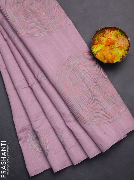 Semi raw silk saree pastel pink with embroidery work buttas and geometric embroidery butta border