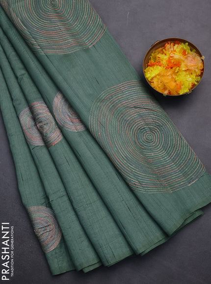 Semi raw silk saree green with embroidery work buttas and geometric embroidery butta border