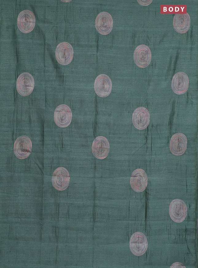 Semi raw silk saree green with embroidery work buttas and geometric embroidery butta border