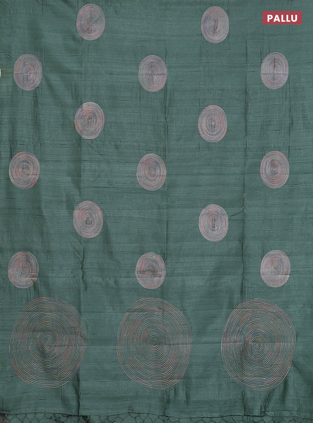 Semi raw silk saree green with embroidery work buttas and geometric embroidery butta border