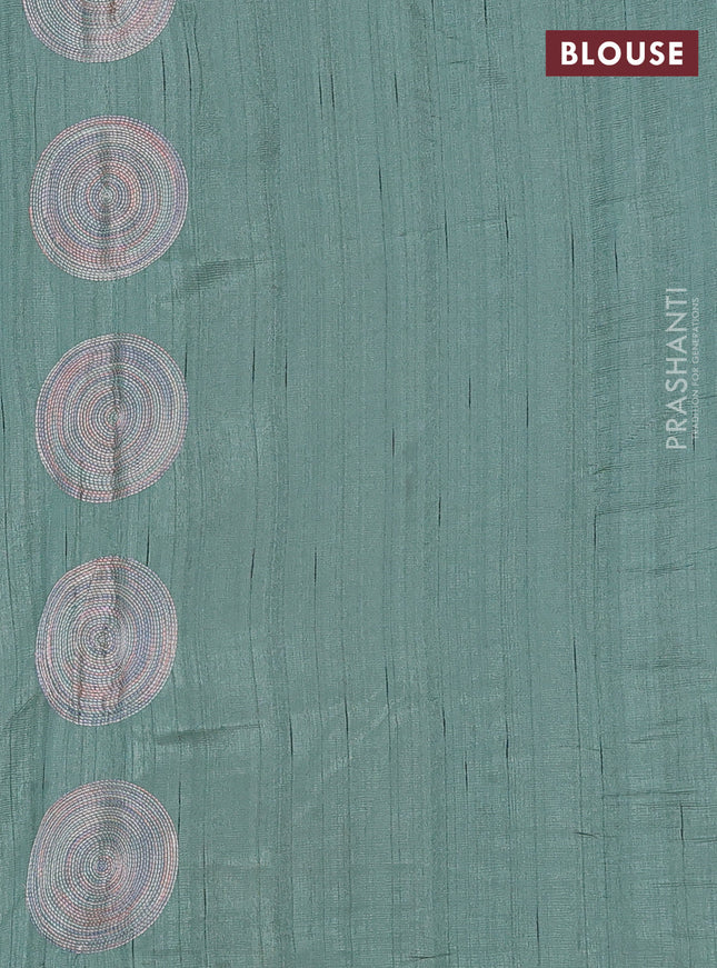 Semi raw silk saree green with embroidery work buttas and geometric embroidery butta border