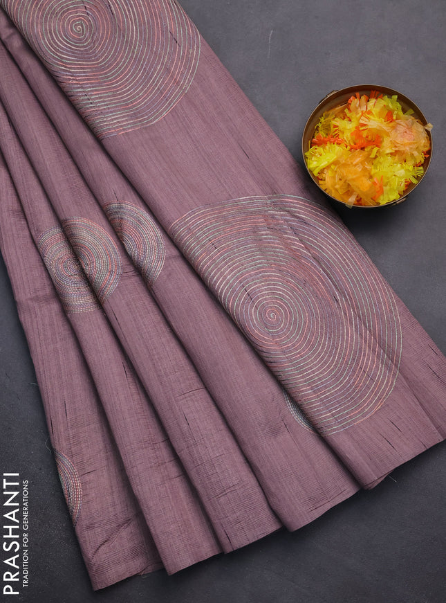 Semi raw silk saree pastel purple shade with embroidery work buttas and geometric embroidery butta border