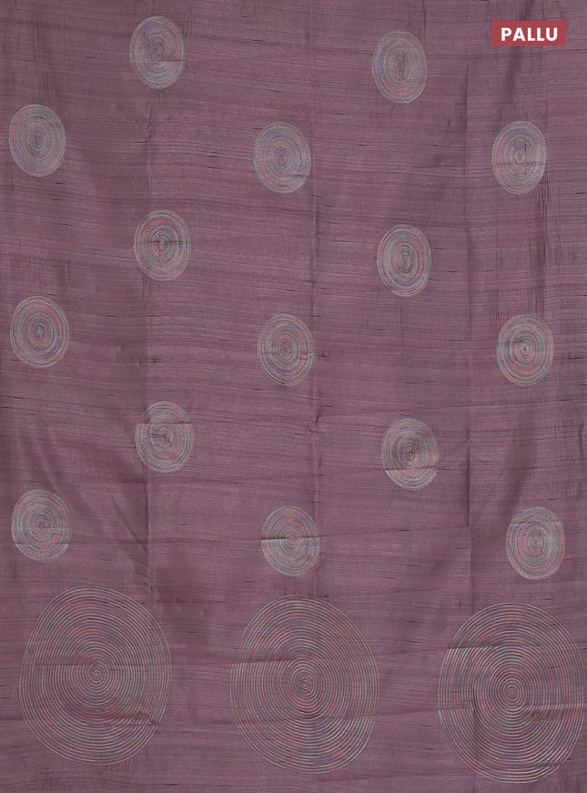 Semi raw silk saree pastel purple shade with embroidery work buttas and geometric embroidery butta border
