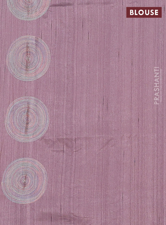 Semi raw silk saree pastel purple shade with embroidery work buttas and geometric embroidery butta border