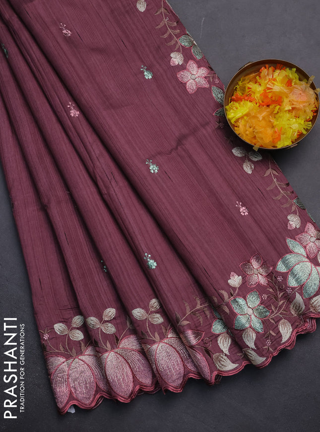 Semi raw silk saree rosy brown with embroidery work buttas and embroidery border