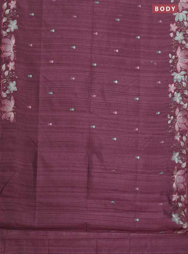 Semi raw silk saree rosy brown with embroidery work buttas and embroidery border