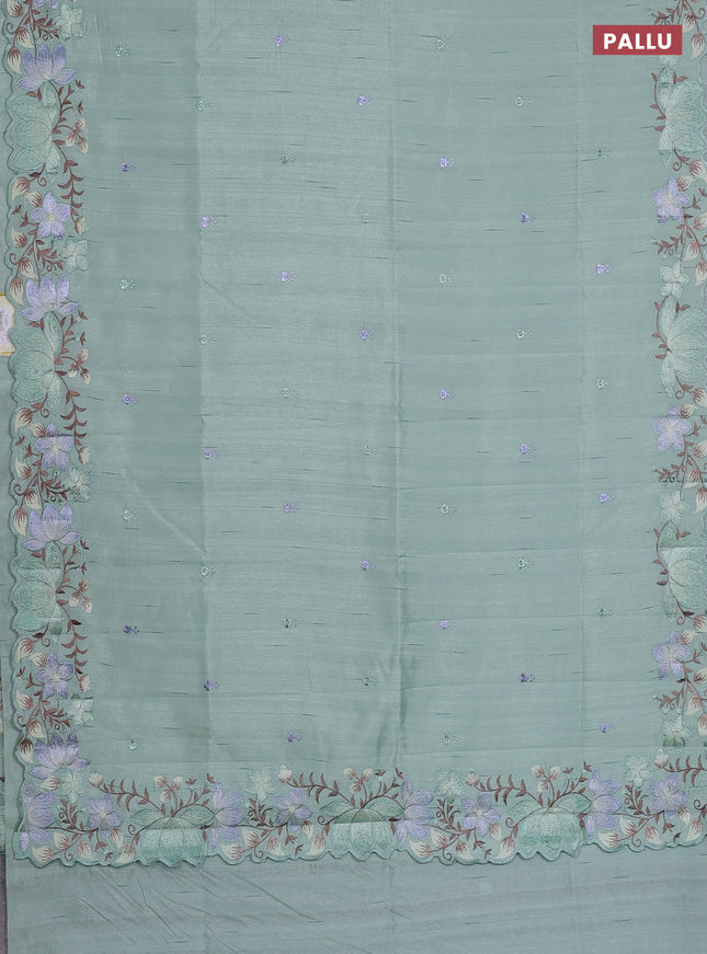 Semi raw silk saree pastel green with embroidery work buttas and embroidery border