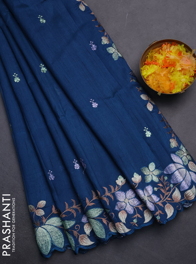 Semi raw silk saree peacock blue with embroidery work buttas and embroidery border