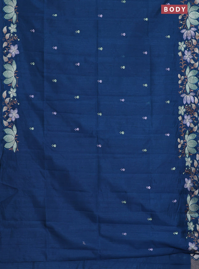 Semi raw silk saree peacock blue with embroidery work buttas and embroidery border