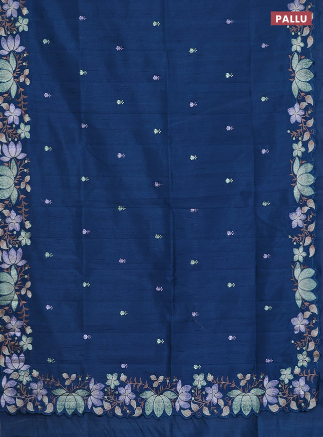 Semi raw silk saree peacock blue with embroidery work buttas and embroidery border