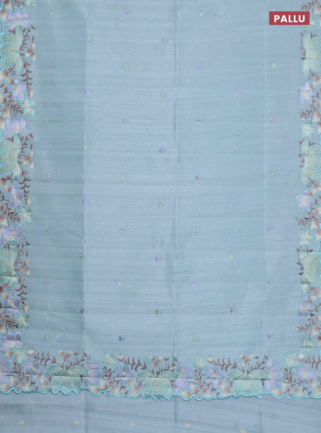 Semi raw silk saree pastel blue with embroidery work buttas and embroidery border