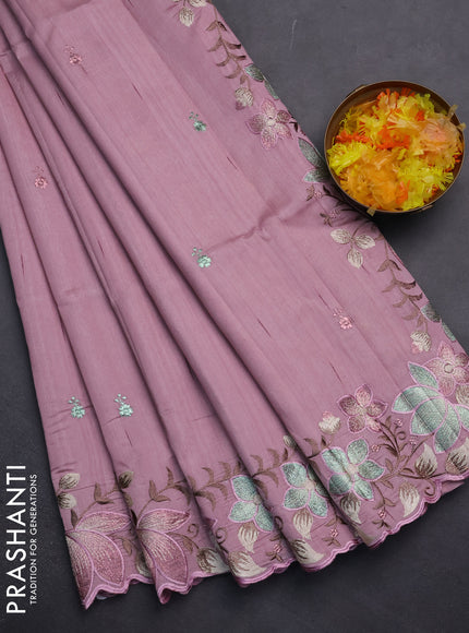 Semi raw silk saree pastel pink with embroidery work buttas and embroidery border