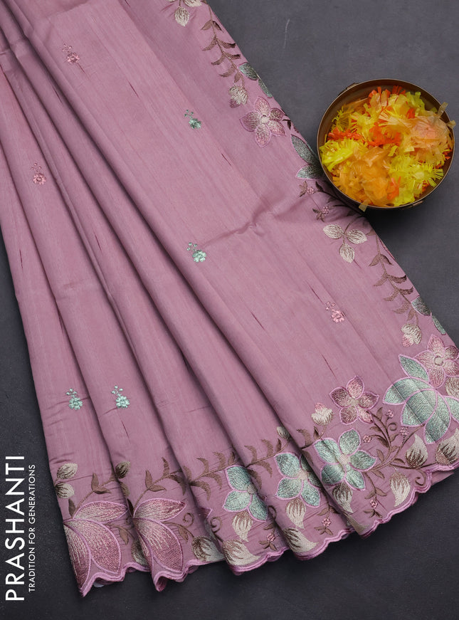 Semi raw silk saree pastel pink with embroidery work buttas and embroidery border